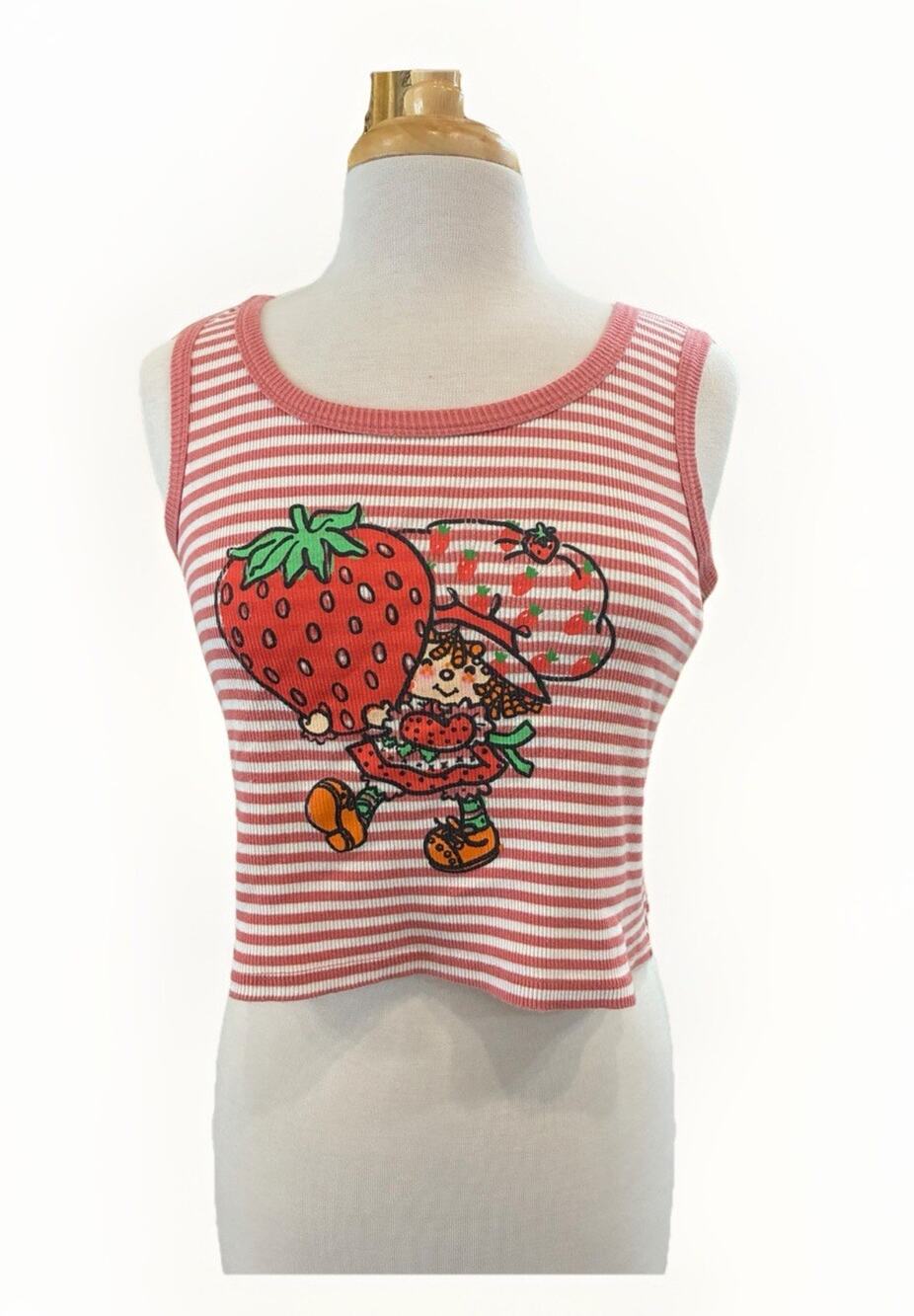 Vintage Strawberry Shortcake Tank Top Womens 1X Pink White Striped Crop Graphic